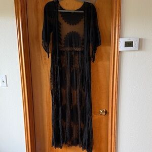 Black Sheer Embroidered Duster / Beach Coverup One Size
